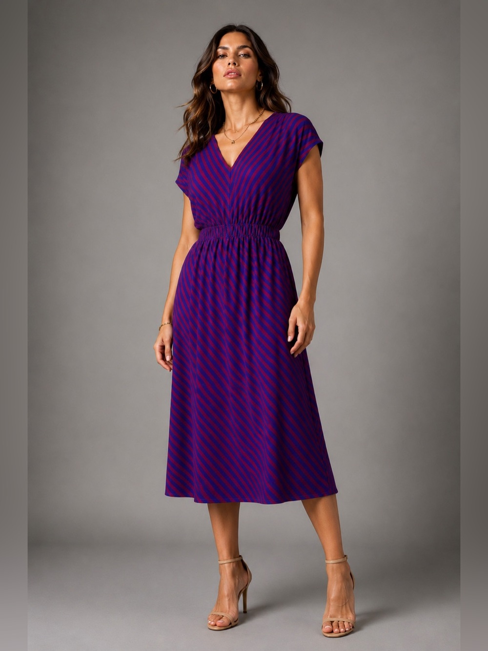 Mossimo Stripe V-Neck Elastic Waist Casual Dress Pink Blue | Size M